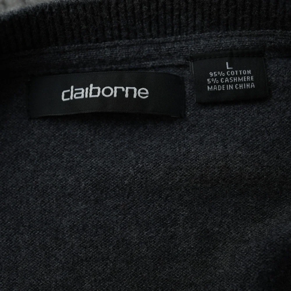 Claiborne Sweater Men V Neck Cashmere Cotton‎ Gray Long Sleeve Solid Large